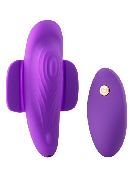 Purple silicone dual-action massager with heart button and remote-ready design