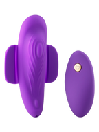 Purple silicone dual-action massager with heart button and remote-ready design