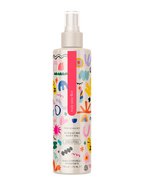 Hydrating body oil bottle with pale pump, multicolor patterned label.