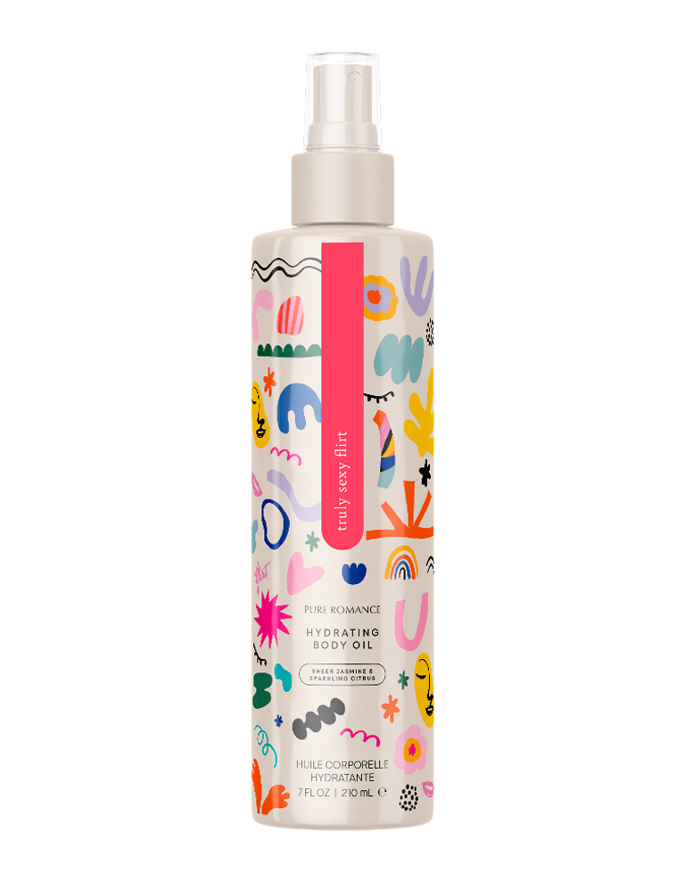 Hydrating body oil bottle with pale pump, multicolor patterned label.