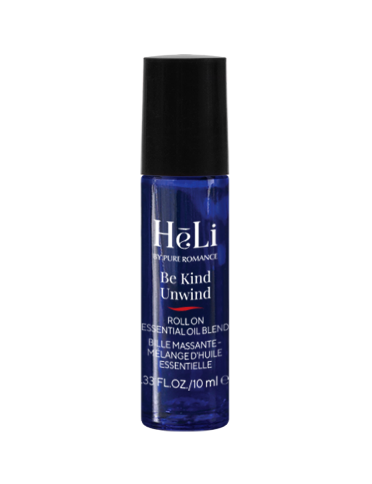 Roll-on perfume bottle, blue liquid, 'Be Kind Unwind' label, 10 ml