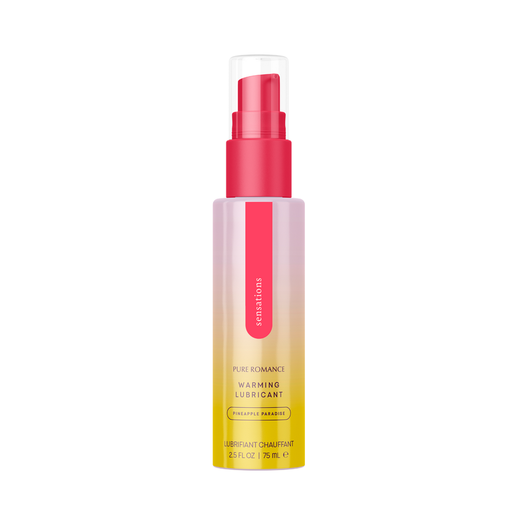 Warming lubricant bottle, yellow pineapple paradise scent, spray pump and flip-top cap