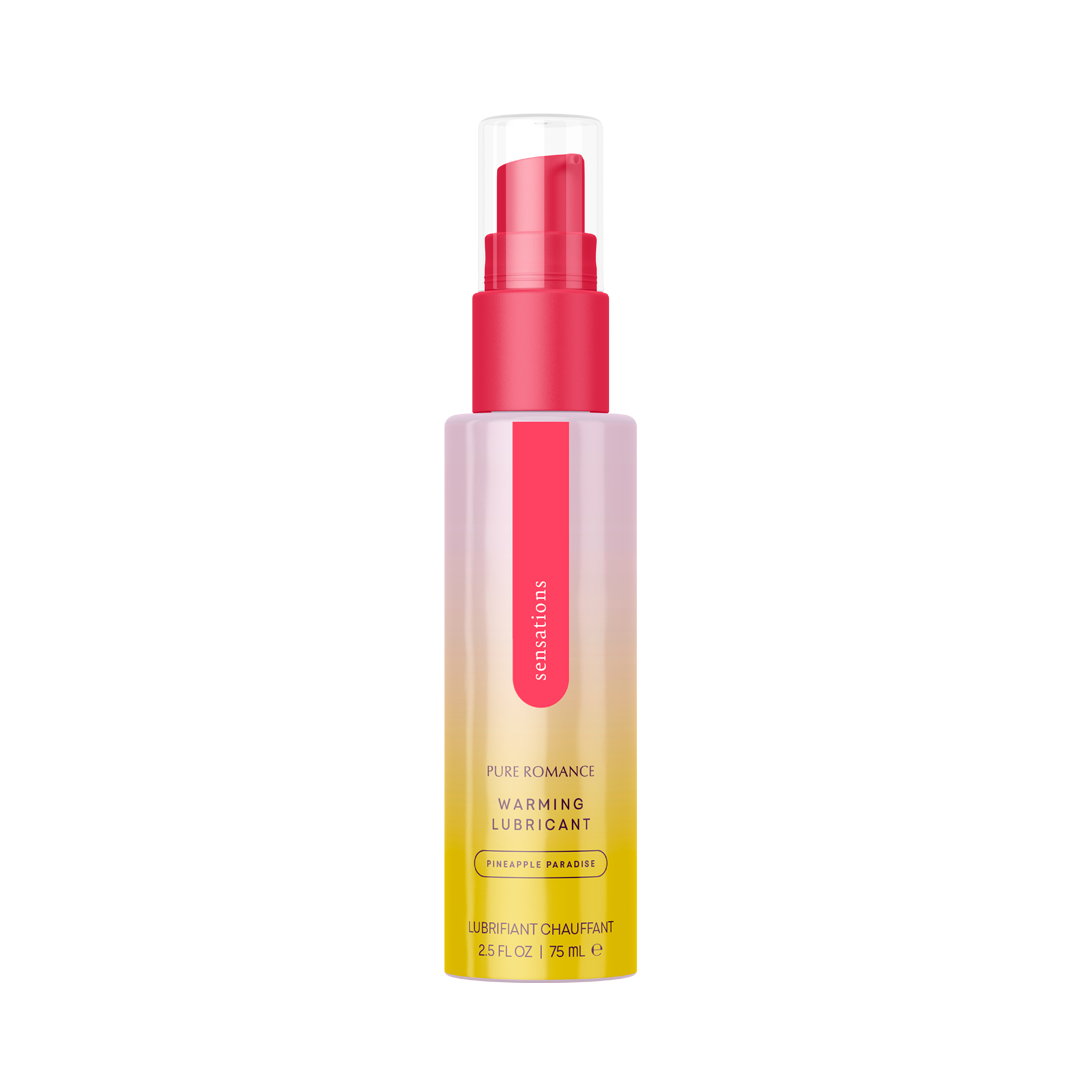 Warming lubricant bottle, yellow pineapple paradise scent, spray pump and flip-top cap