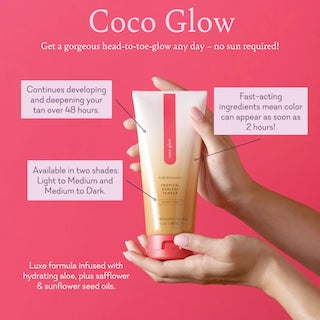 Coco Glow tropical sunless tanner tube with pink cap and center vertical logo stripe