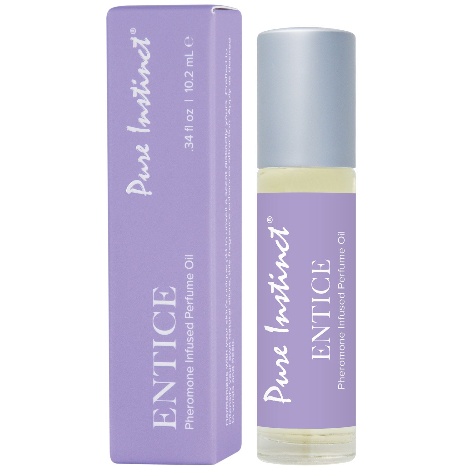 Pheromone roll-on box and roller bottle with silver cap and purple label