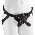 Black strap-on harness with front padded band and curved handle/strap, adjustable straps