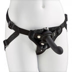 Black strap-on harness with front padded band and curved handle/strap, adjustable straps