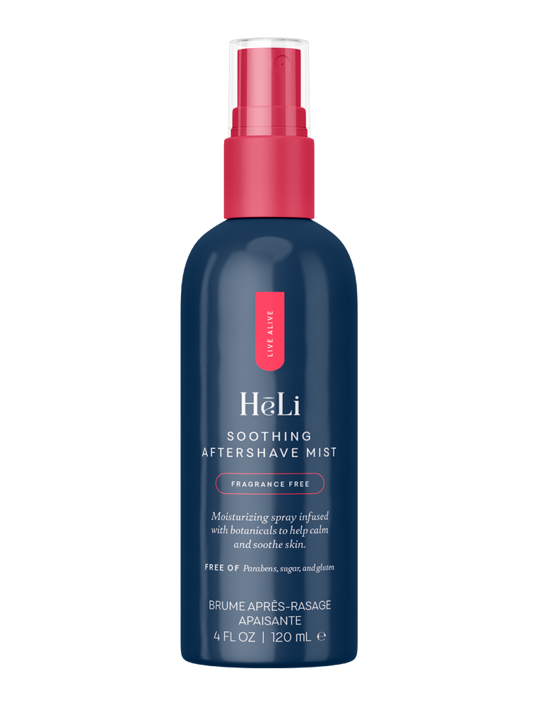 Soothing aftershave mist bottle with red sprayer cap, dark blue bottle, HeLi