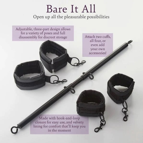 Black cuff restraints and metal bar with chain links, three-piece set