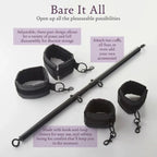 Black cuff restraints and metal bar with chain links, three-piece set