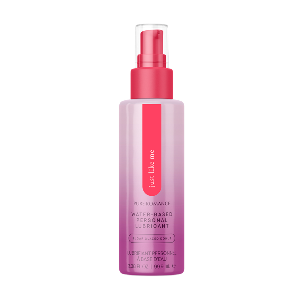 Water-based personal lubricant bottle with pink pump and translucent bottle with pink label