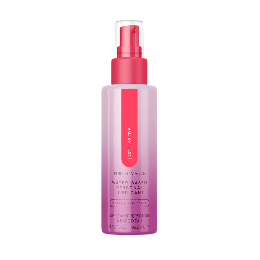 Water-based personal lubricant bottle with pink pump and translucent bottle with pink label