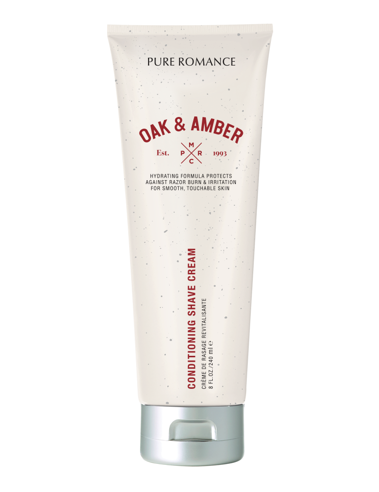 Conditioning shave cream tube, Oak & Amber scent, white with silver cap