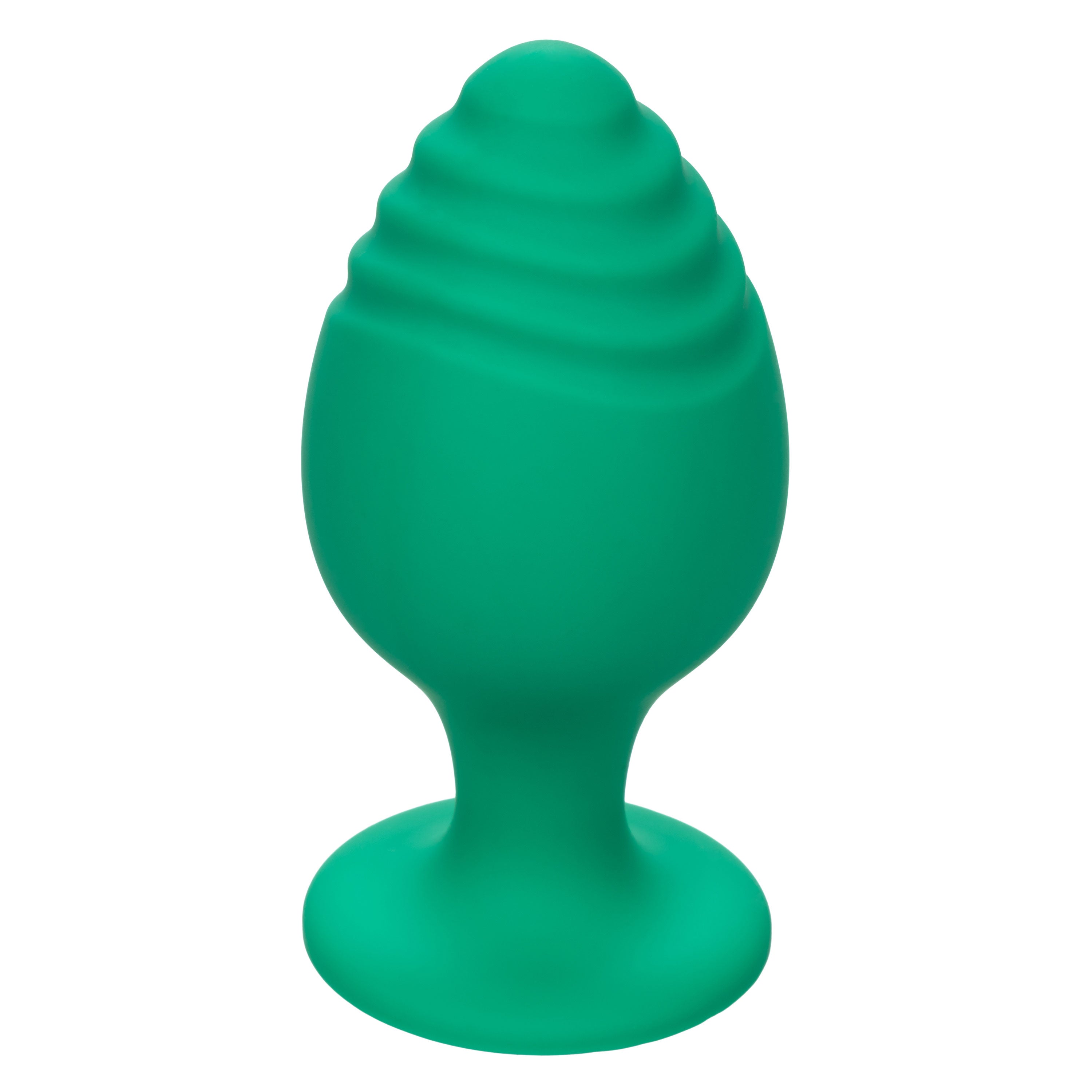 Green silicone butt plug with flared base and ridged tip