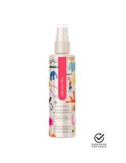 White fragrance mist spray bottle with colorful graphic label and pump top