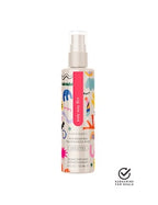 White fragrance mist spray bottle with colorful graphic label and pump top