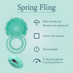 Teal silicone bath toy with ring handles and oval remote control with black tip