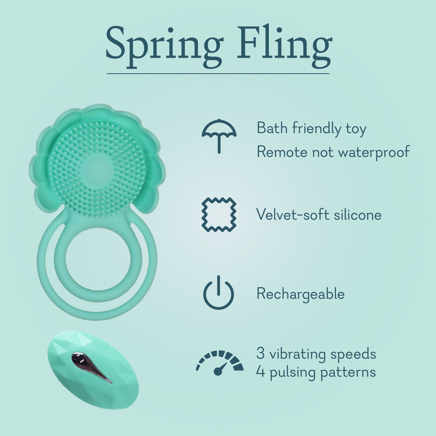 Teal silicone bath toy with ring handles and oval remote control with black tip