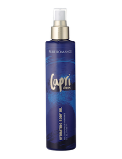 Hydrating body oil bottle with silver pump, dark blue bottle, printed label.