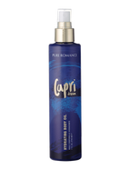 Hydrating body oil bottle with silver pump, dark blue bottle, printed label.