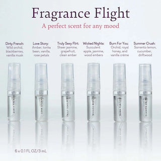 Set of 6 clear fragrance travel spray bottles with printed labels and caps