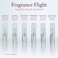 Set of 6 clear fragrance travel spray bottles with printed labels and caps