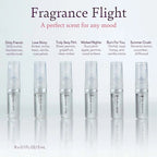Set of 6 clear fragrance travel spray bottles with printed labels and caps