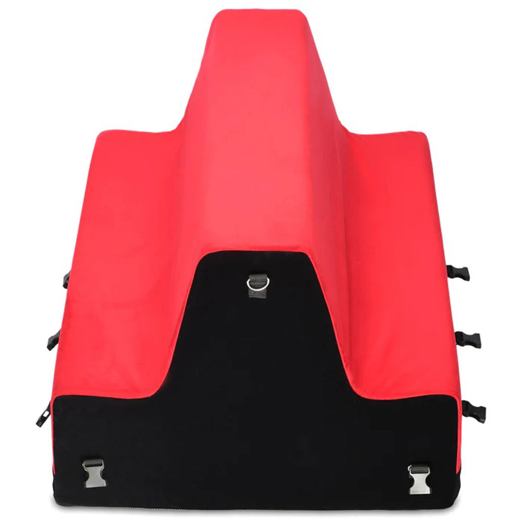 Bondage bench with red padded arms and black center pocket