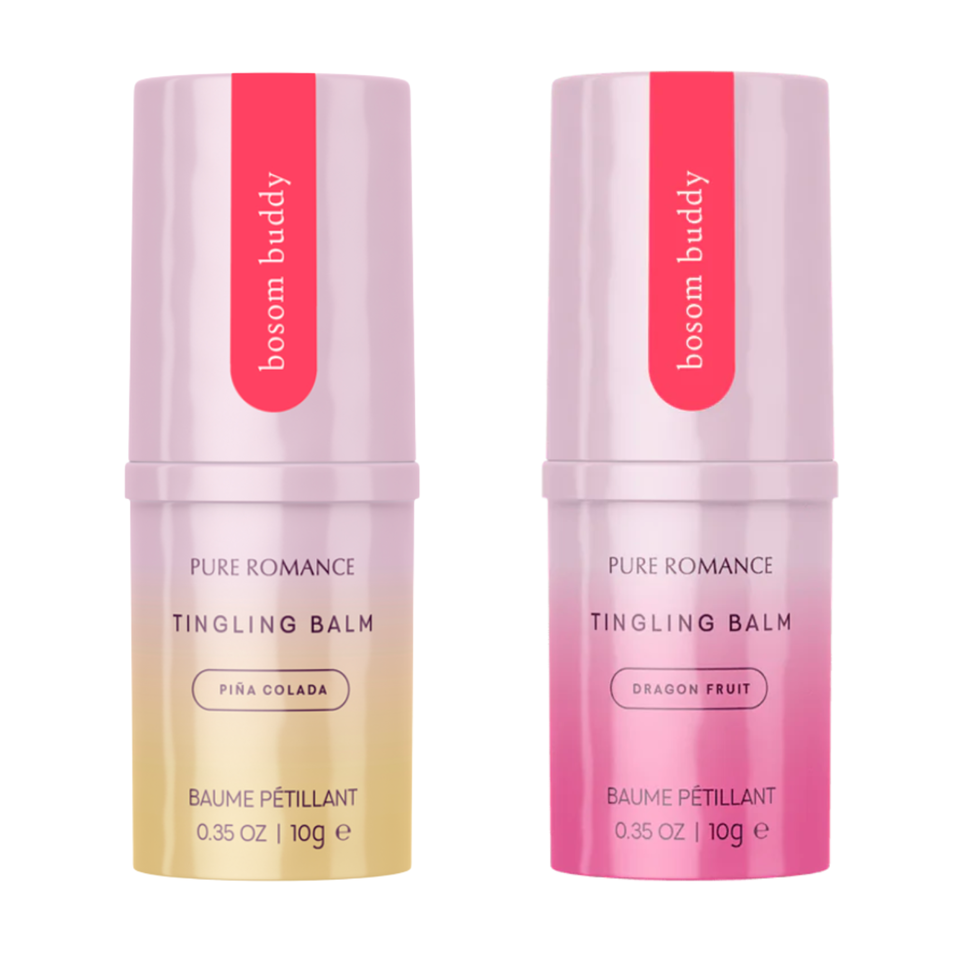 Bosom Buddy tingling balm set, Pina Colada and Dragon Fruit flavors, two containers