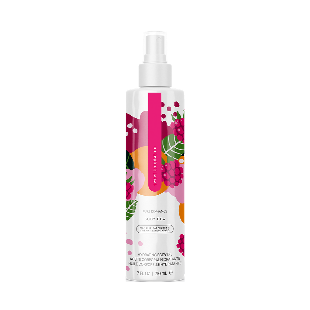 Hydrating body oil bottle with white pump, clear bottle, berry-pattern label.