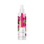 Hydrating body oil bottle with white pump, clear bottle, berry-pattern label.