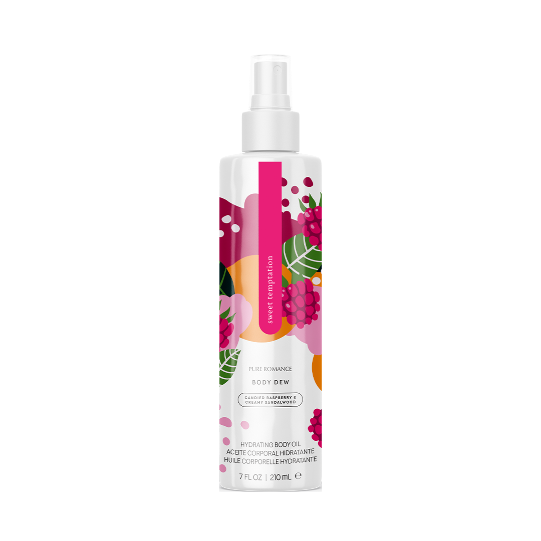 Hydrating body oil bottle with white pump, clear bottle, berry-pattern label.