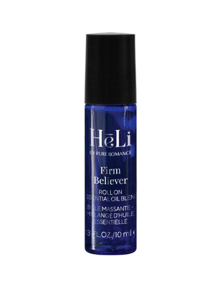 HeLi firm believer roll-on body oil in dark blue bottle