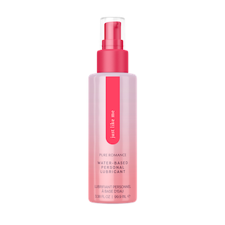 Water-based personal lubricant spray bottle with pink pump, translucent pink bottle