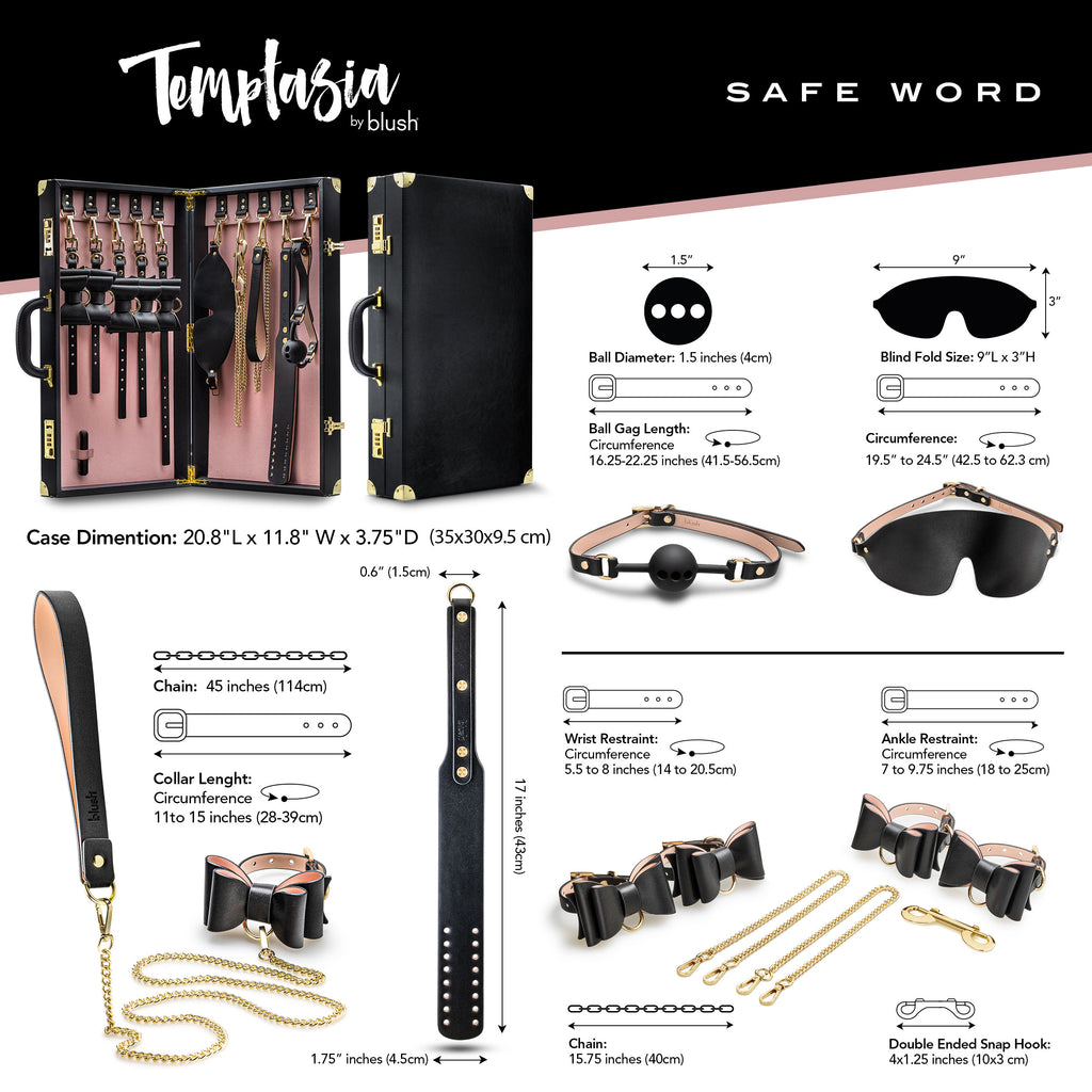 Bondage kit guide showing ball gag, blindfold, wrist restraint, and ankle restraint pieces