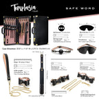 Bondage kit guide showing ball gag, blindfold, wrist restraint, and ankle restraint pieces