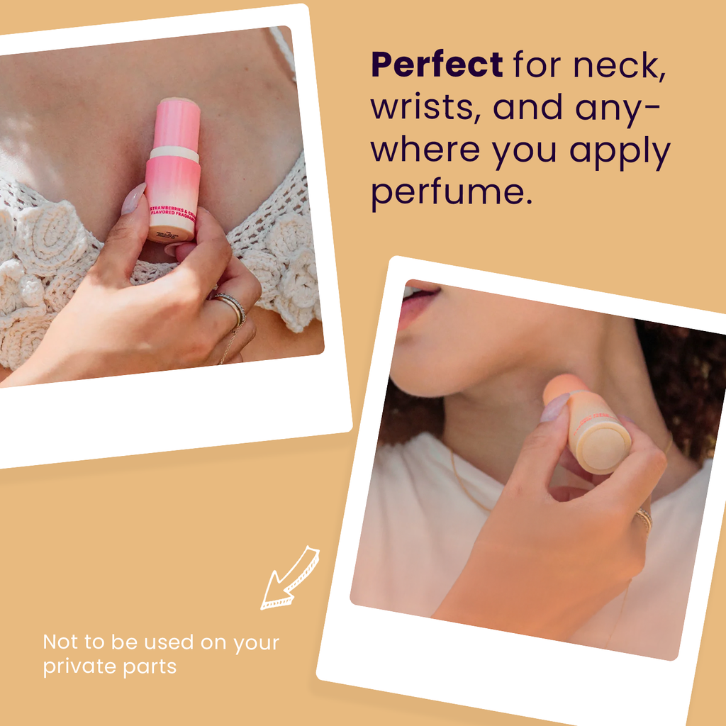 Beige solid fragrance stick applied to wrist on bare skin