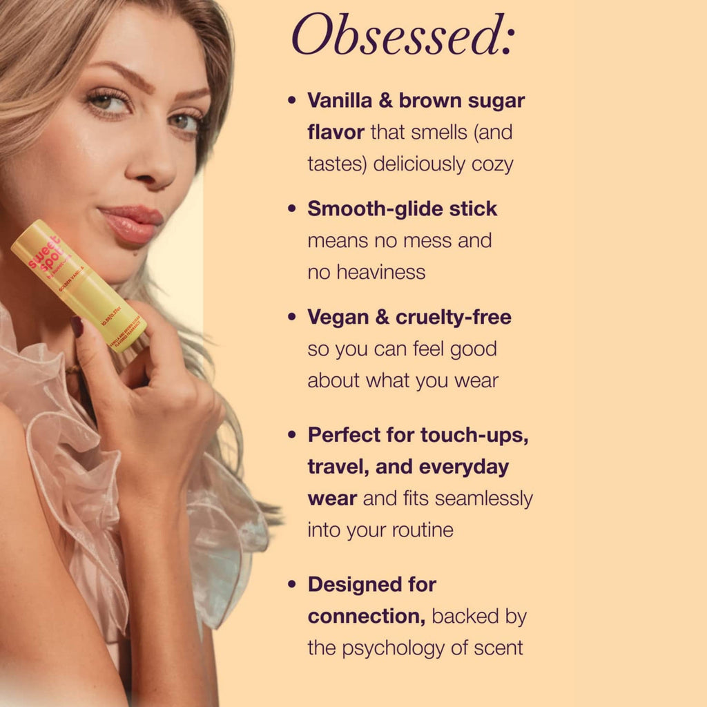 Beige solid fragrance stick held near the mouth and chin
