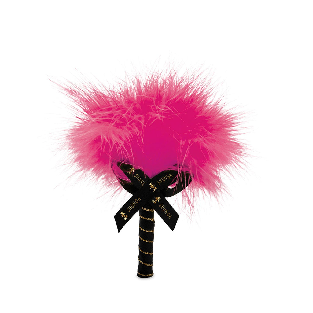 Pink feather wand with black ribbon and gold beaded handle
