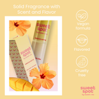 Solid fragrance stick packaging and scent icons on a graphic background.