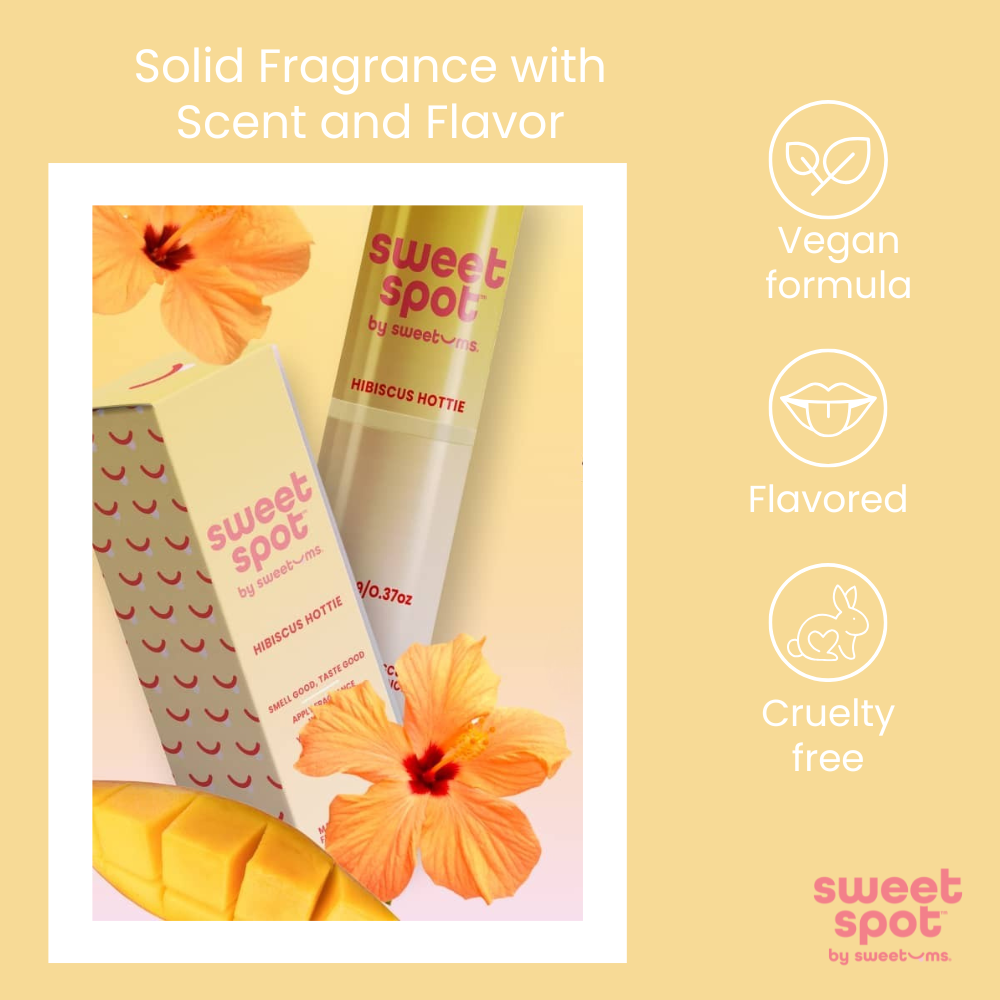 Solid fragrance stick packaging and scent icons on a graphic background.