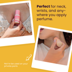 Pink solid fragrance stick application guide graphic, shows stick on neck and wrists.