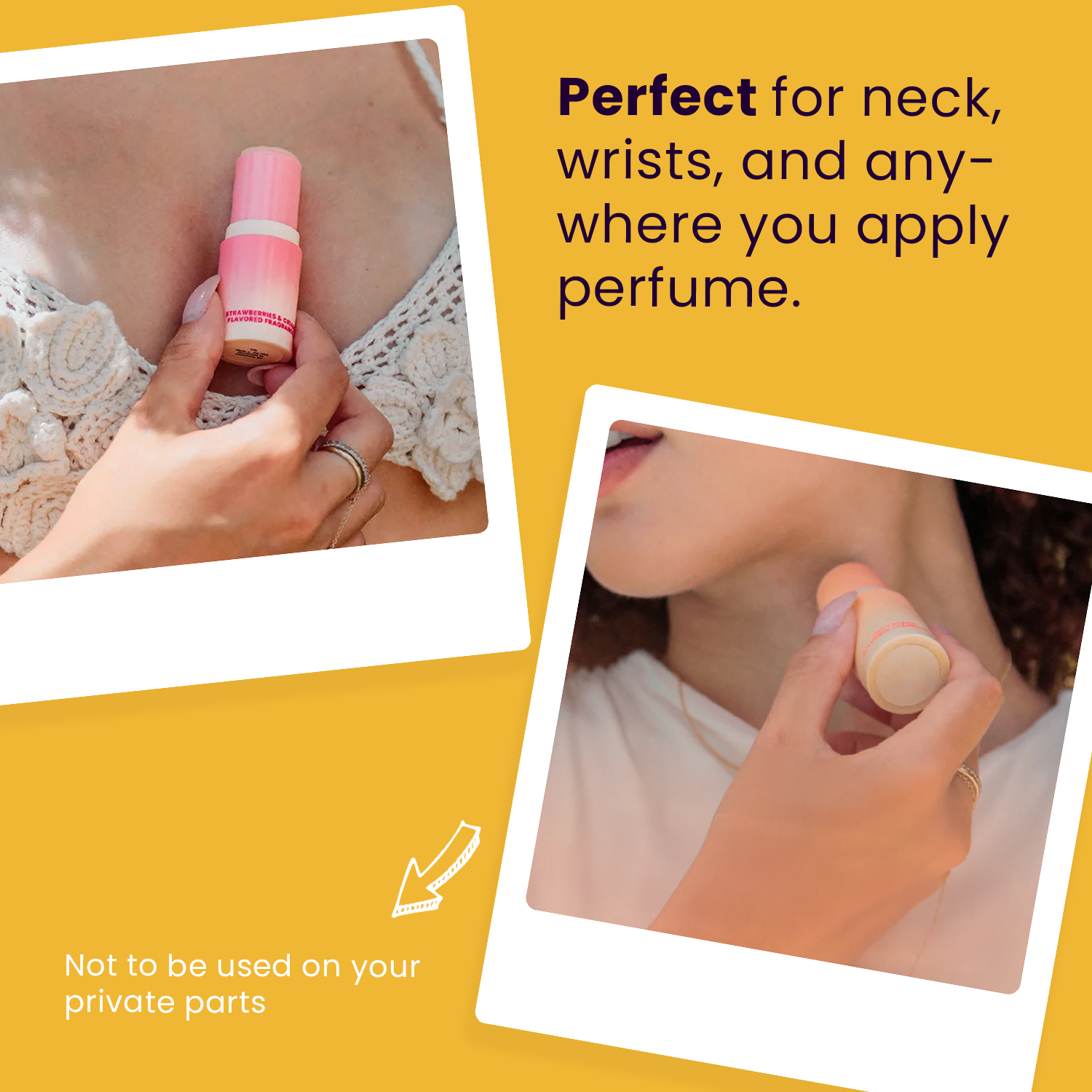 Pink solid fragrance stick application guide graphic, shows stick on neck and wrists.