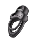 Black double cock ring with two loop bands and heart-shaped base