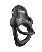 Black double cock ring, angled view showing curved loops and central cutout