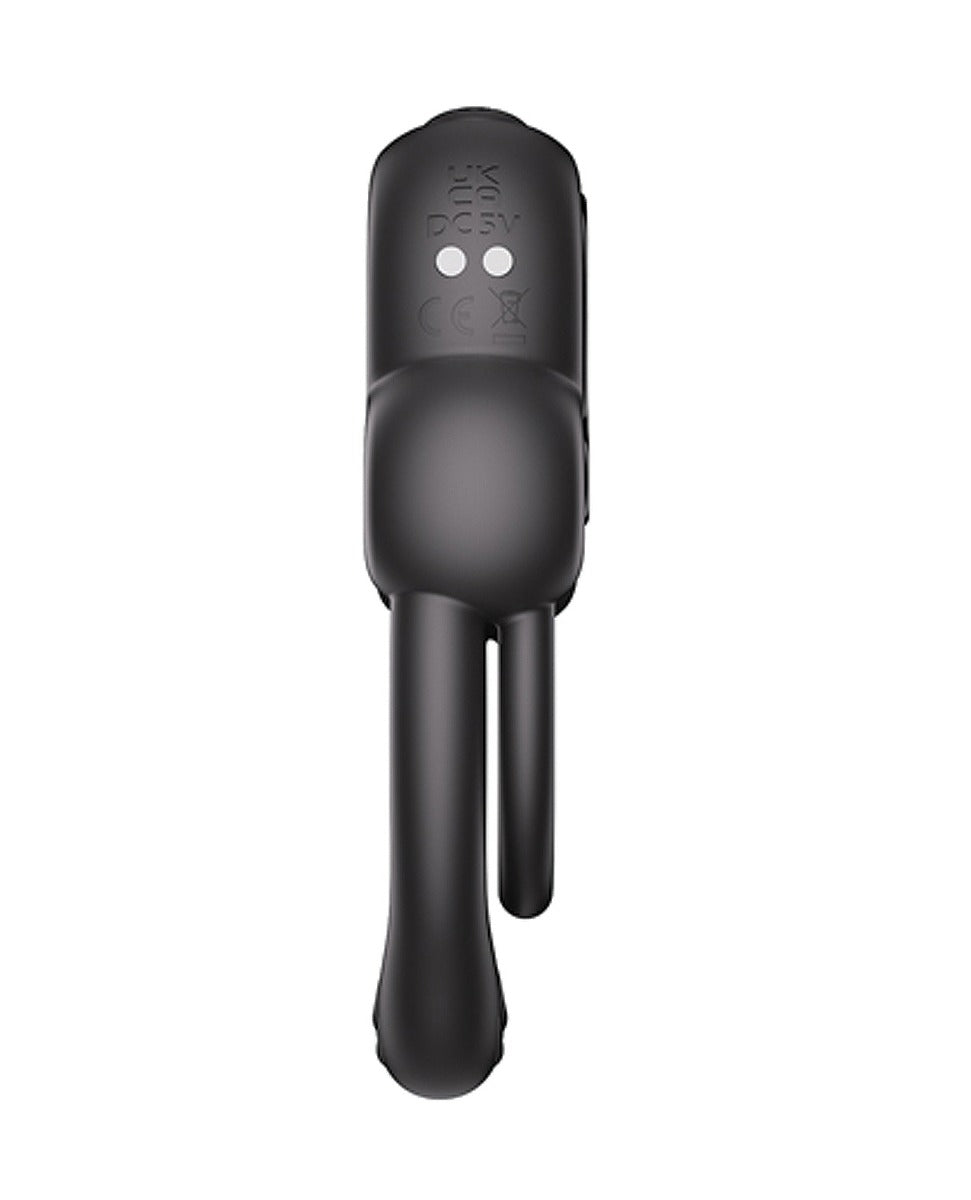 Black double cock ring with top control area and two finger-like protrusions