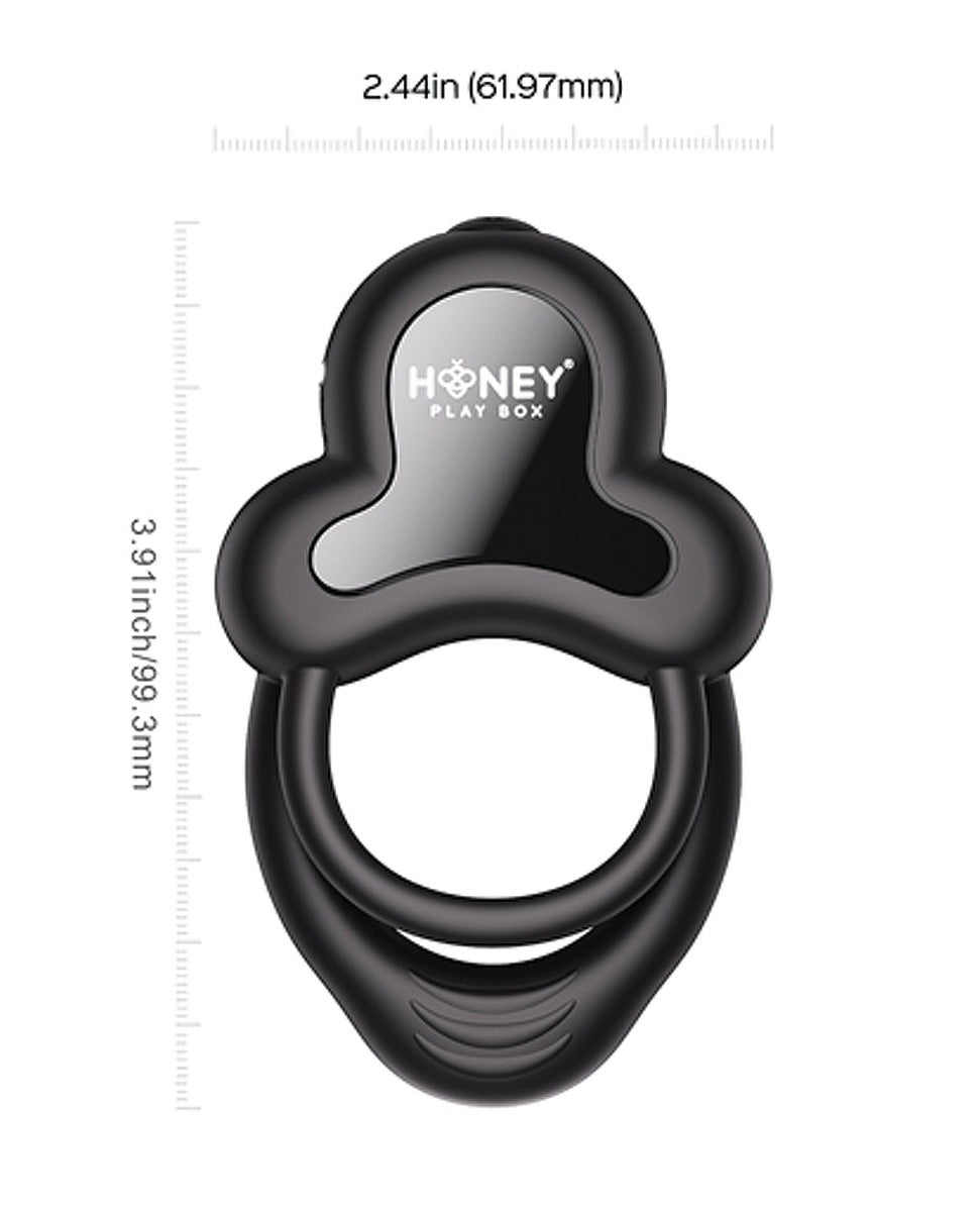 Black double cock ring with size guide, 2.44 in width and 1.97 in height