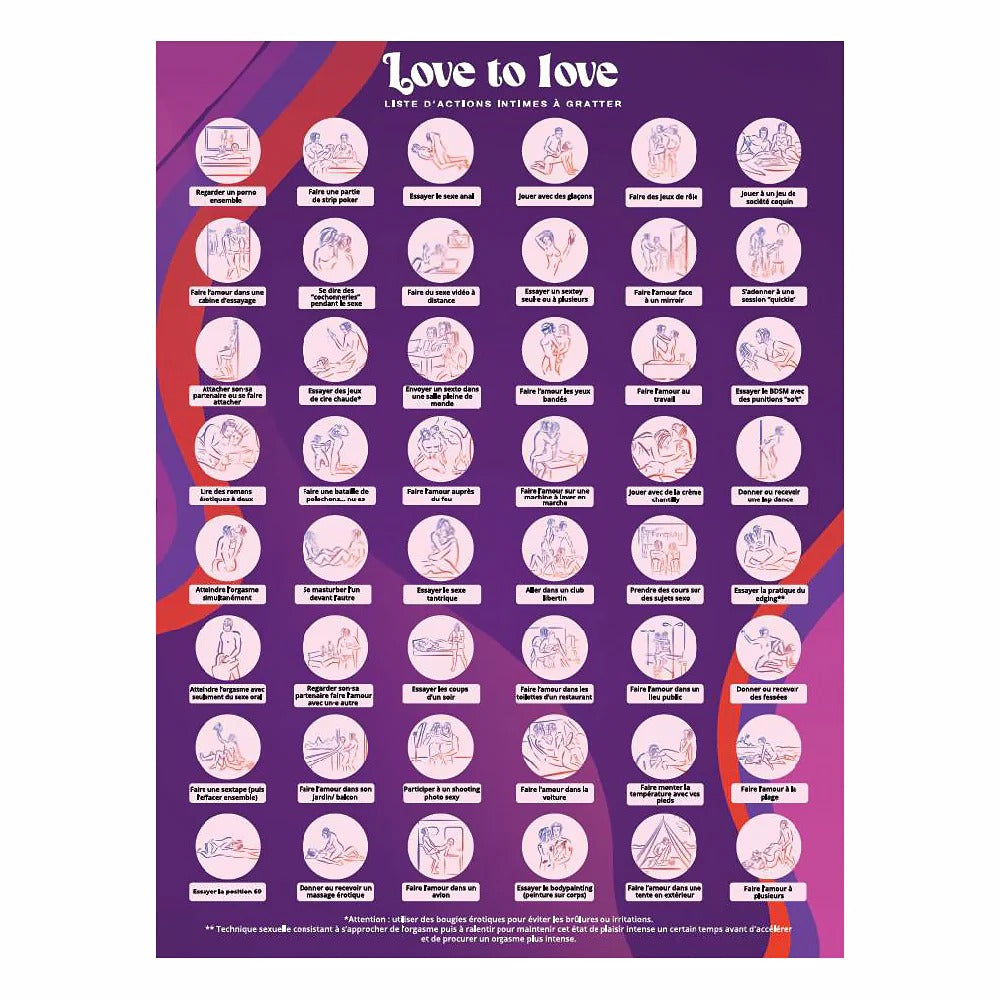 Love to love scratch-off bucket list poster panel with many small circular challenge icons