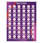 Love to love scratch-off bucket list poster panel with many small circular challenge icons