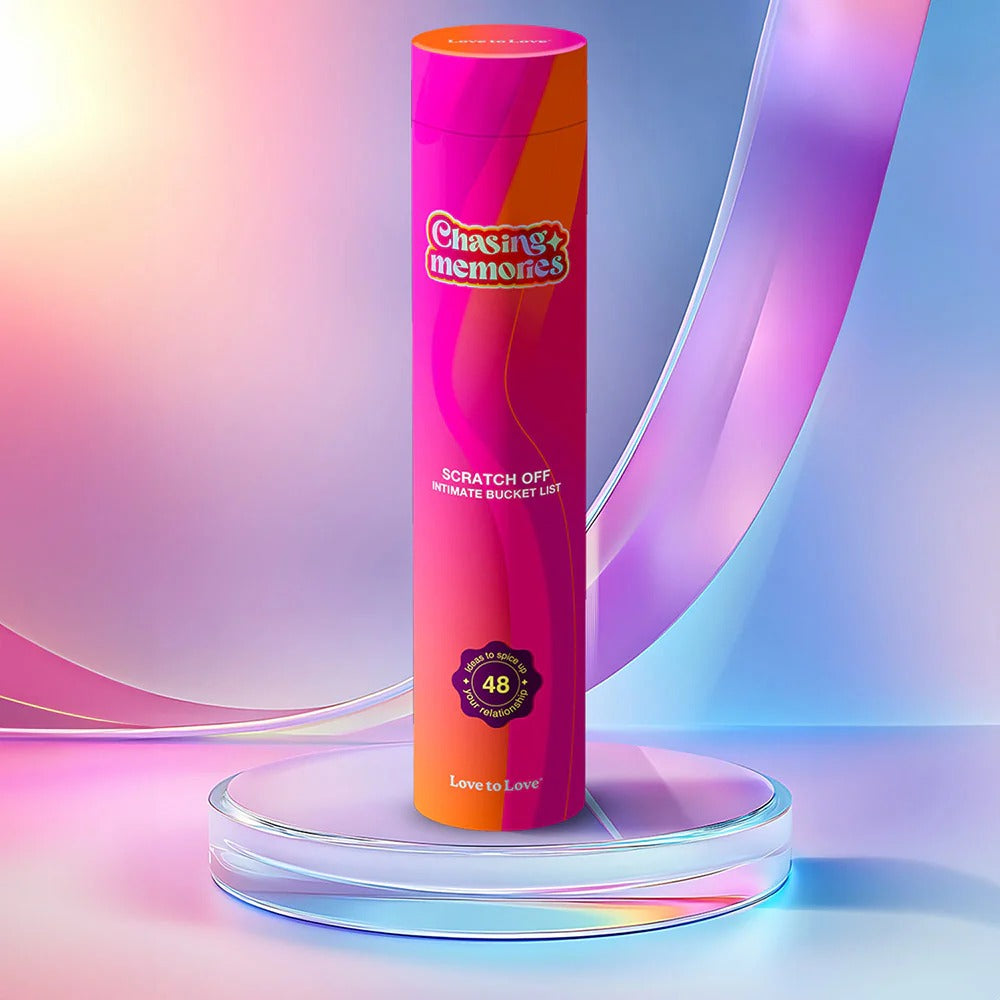 Chasing memories scratch-off canister, pink-orange tube with badge and Love to love